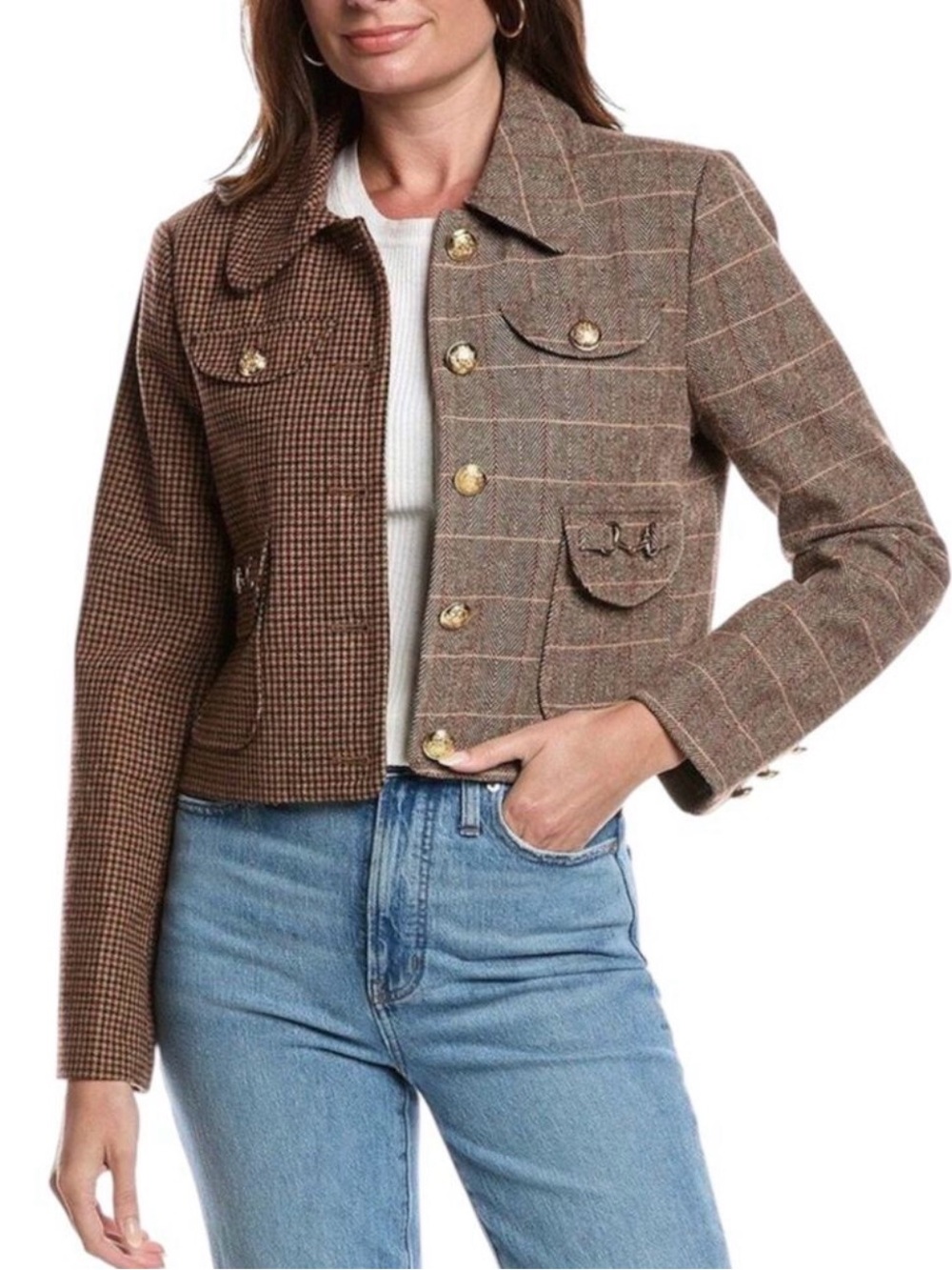 7 For All Mankind Mixed Media Plaid Wool Crop Brown Gold Buttons Jacket